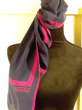 Christian Dior Silk Scarf, Navy Blue and Fuchsia Pink, Oblong